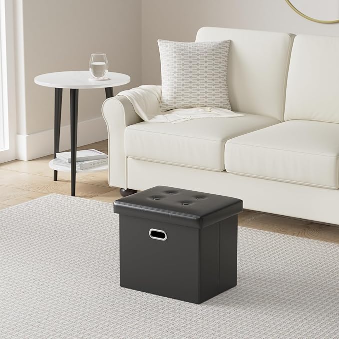 COSYLAND Ottoman with Storage Folding Leather Ottoman Footrest Foot Stool Brown Ottoman for Rooms Small Rectangle Collapsible Bench Furniture with Handles Lid 17x13x13in