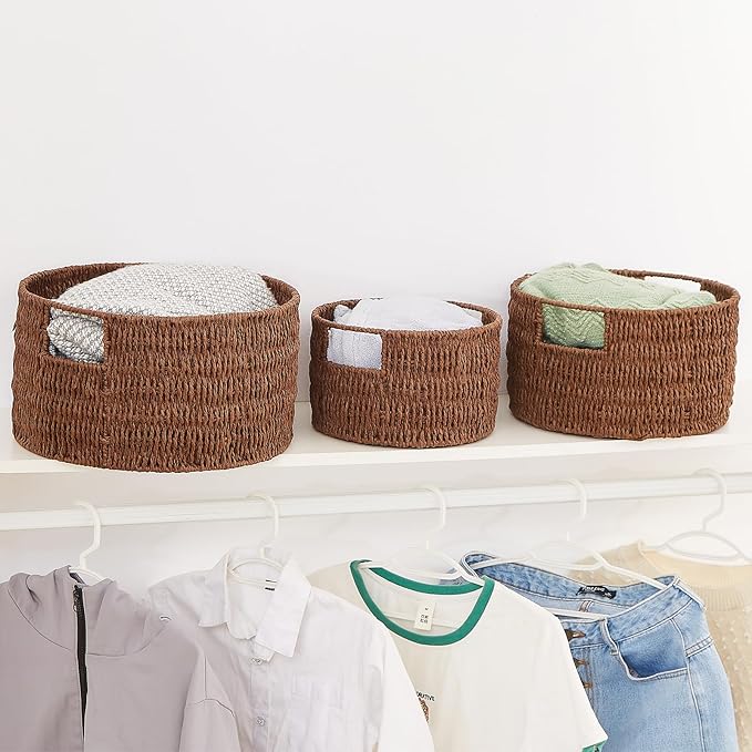Vagusicc Wicker Storage Basket, Hand-Woven Paper Rope Large Round Woven Basket With Handles, Wicker Baskets for Organizing/Storage, Brown, 3-Pack