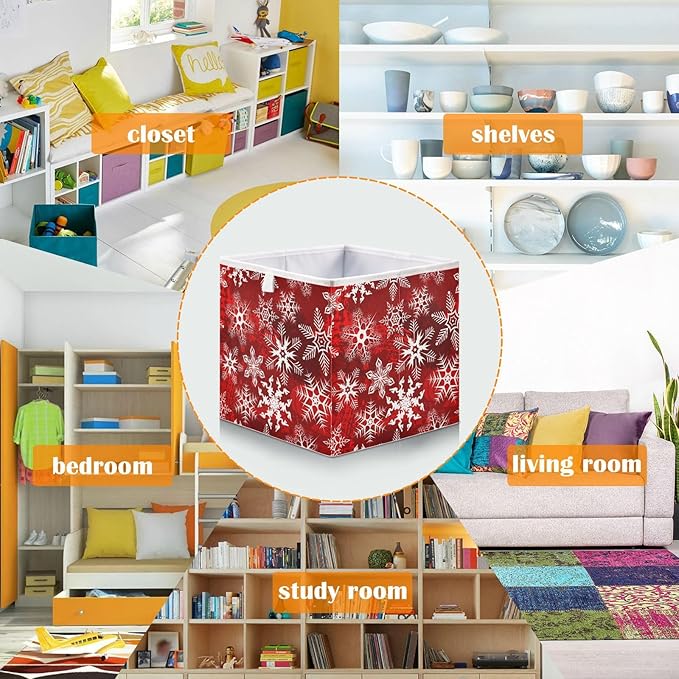 Bolaz Christmas Snowflakes Closet Organizers Storage Cubes Red Storage Bins Shelf Baskets Containers for Home Room Office,Rectangle