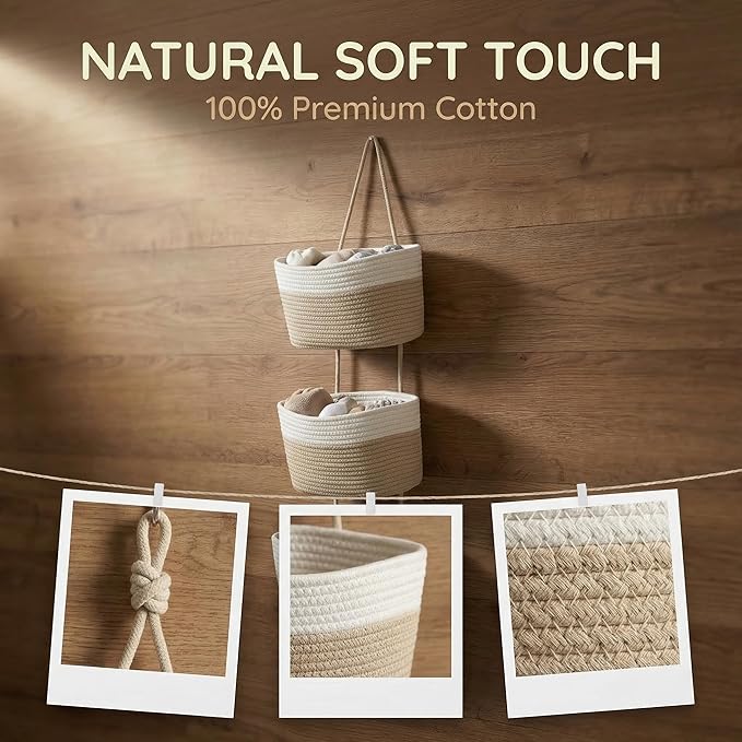 3-Tier Cotton Rope Wall Hanging Storage Baskets, Woven Over The Door Hanging Organizer for Bathroom Bedroom Living Room Nursery, Boho Hanging Shelves for Towels Toys Cosmetics (Beige & White)