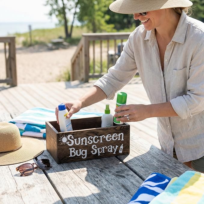 Sunscreen Bug Spray Storage Basket Summer Beach Wooden Box with 3 Compartment Dark Brown Toilet Tank Tray for Indoor Outdoor Swimming Pool Decor Sunblock Sunglasses Pool Toy Storage Basket