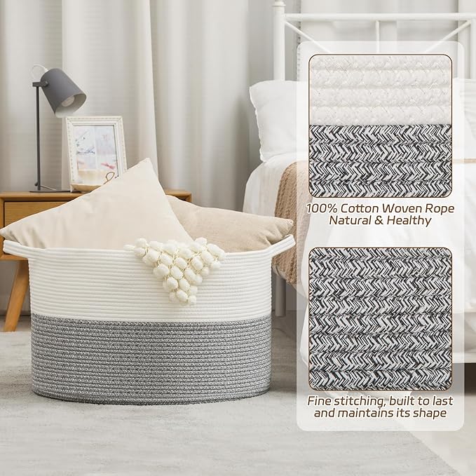 XXXLarge Woven Cotton Rope Basket (21.7" x 13.8") 90L – Blanket Basket for Living Room, Laundry Hamper, Baby Laundry Hamper, Toy Storage, Pillows & Cushions Organizer (White&Grey)