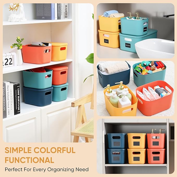 Plastic Storage Bins with Lid, Stackable Storage Containers for Organizing, Decorative Storage Baskets for Shelves Living Room Playroom Classroom Office (Small (8 PCS))