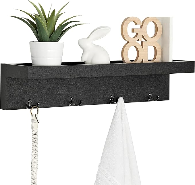 Danya B Wall Mounted Entryway Floating Coat Rack with Four Hanging Hooks and Decorative Ledge Shelf - Great for Entryways, Hallways, Bedrooms, Kitchens, and Bathrooms (Black)