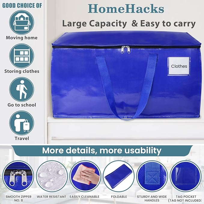 HomeHacks Moving Bags Heavy Duty with Strong Zippers and Handles Collapsible Moving Supplies, Storage Totes for Packing & Moving Storing 93L,6-Pack, Blue