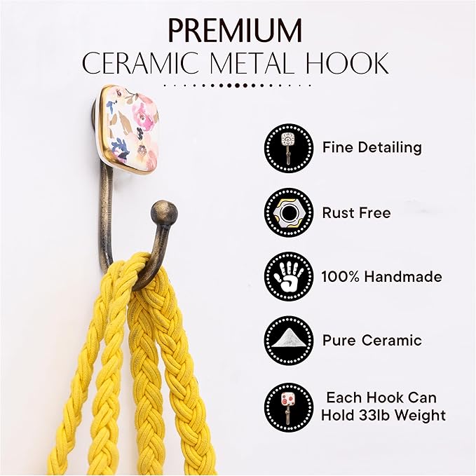 Indian Shelf Pack of 12 Ceramic Wall Hooks Modern - Multicolor Square Wall Mounted Coat Hooks - Ceramic Hooks for Hats - Square Key Hanging