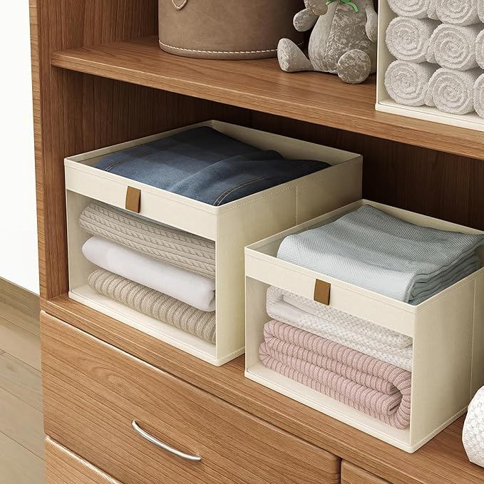 Linen Closet Organizers and Storage, Closet Storage Bins Basket Organizer, Foldable Organization Baskets with Mesh Window for Clothes Towels and Toys, 14.5" x 14.5" x 10.25", Beige, 4 pack