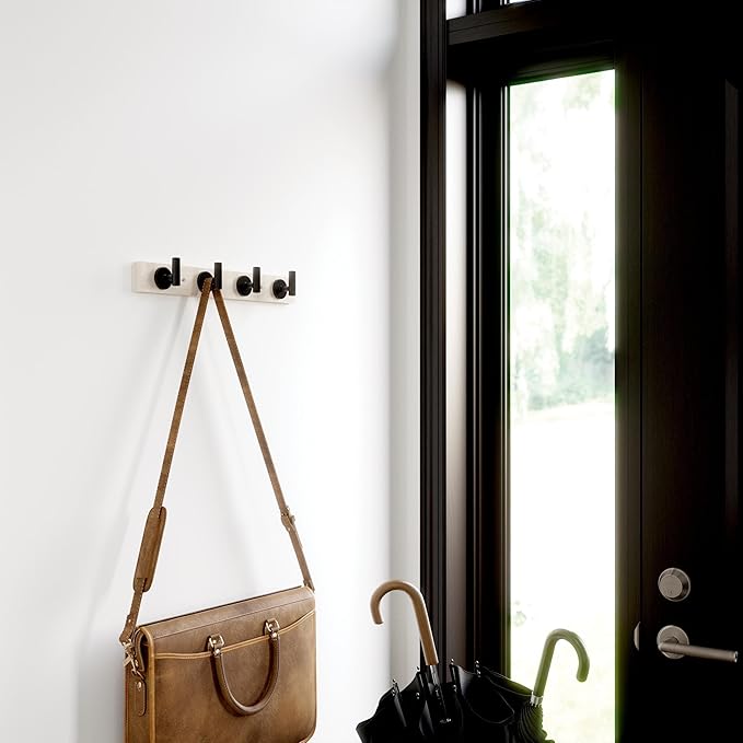 Franklin Brass Post (1-Pack) 16' Coat Rack Wall Mount White Oak Hat Rack with 4 Hooks Mounted Hanging Hook Rail for Clothes, Towels, Purses, Bags, Kitchen, Entry, Closet Organization B48030K-480-C