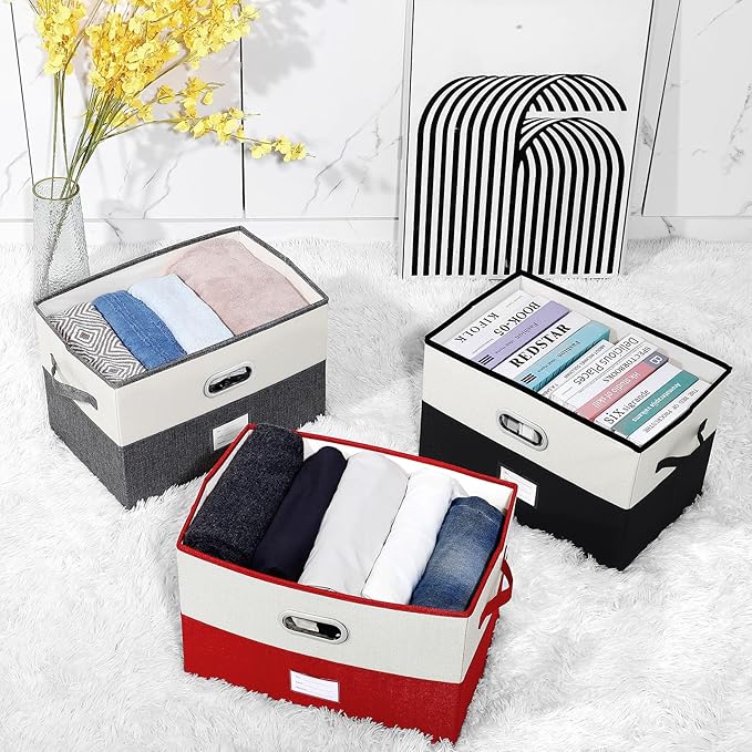 Large Linen Fabric Foldable Storage Bins with Removable Lid and Handles, Washable Storage Box Organizer Containers Baskets Cube with Cover for Bedroom,Office(Black&Cream, Large(2-Pack))