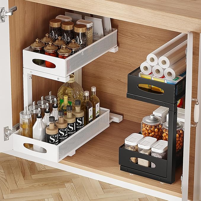 2Pack Under Sink Organizer 2 Tier Kitchen Spice racks and Storage – Pull Out Cabinet Organizer for Cleaning Products, Pantry Organization(White)