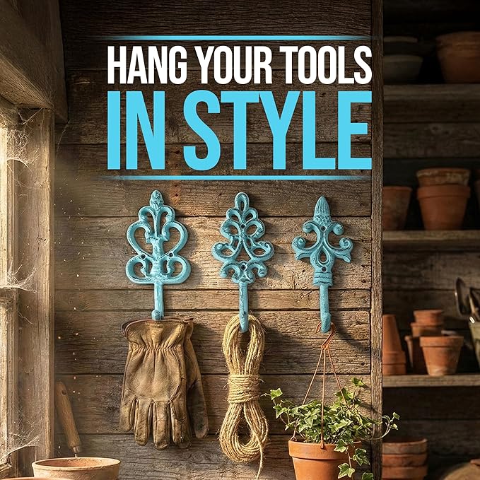 Comfify Shabby Chic Decorative Wall Hooks - Set of 3 - Cast Iron French Country Wall Decor - Farmhouse Hangers for Coats, Purses and More - Blue