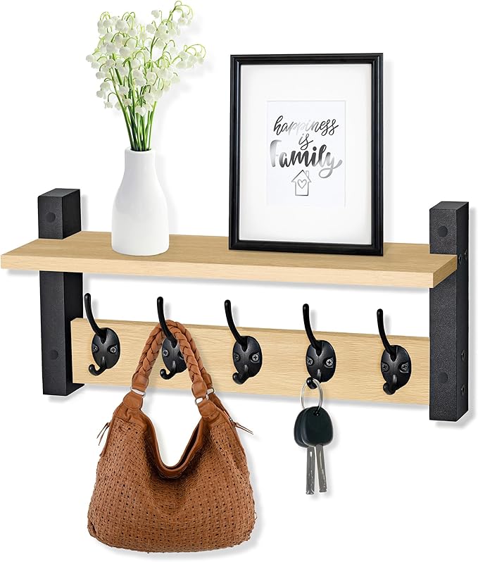 Sorbus Coat Hooks Wall Mount with Shelf – 16 Inch Coat Rack Wall Mount with 5 Heavy Duty Hooks – Floating Wall Shelf with Hooks for Entryway, Bathroom, Bedroom, Kitchen, or Mudroom (Maple Wood)