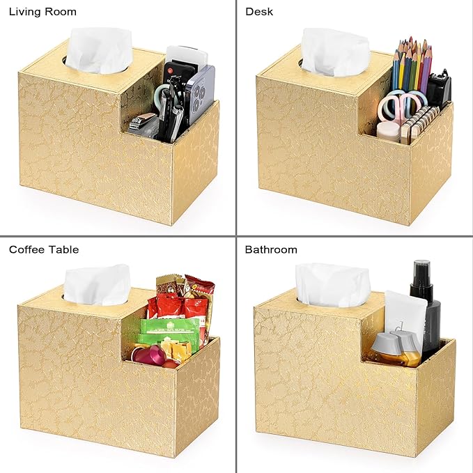 Sumnacon Square Leather Tissue Box Cover - PU Cube Tissue Box Holder with Side Organizer, Decorative Tissue Box for Living Room Vanity Night Stand Desk Countertop Office, Gold