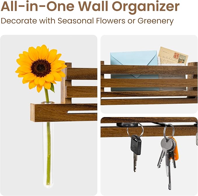 AELS Solid Walnut Wall Mounted Key Holder with Acrylic Vase & Mail Organizer, Wooden Entryway Key Rack with 5.9" Test Tube Vase, Decorative Key Hanger with Slot for Keys and Letters, Brown, Gift Idea