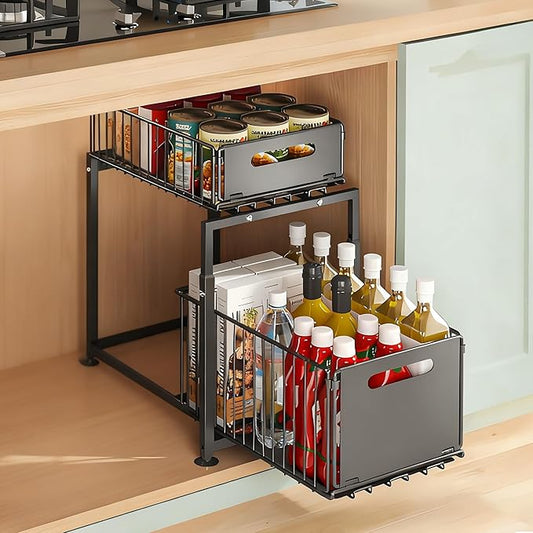 Under Sink Organizer, Pull Out Cabinet Organizer 2 Tier Slide Out Sink Shelf Cabinet Storage Shelves, Under Sink Storage for Kitchen Bathroom Cabinet, Black, 1 Pack