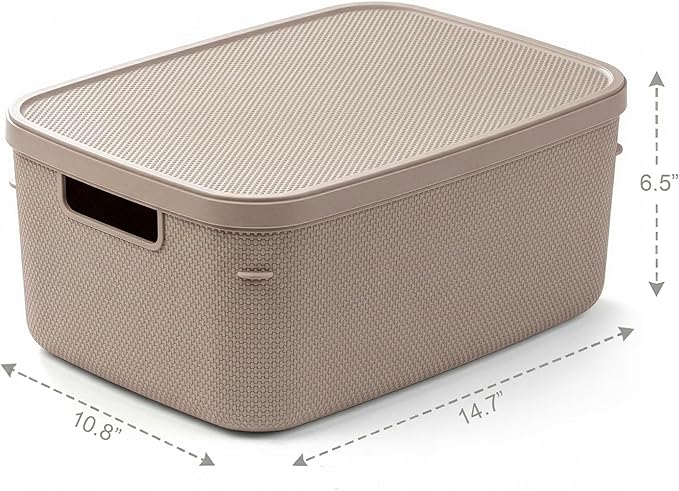 BINO | Plastic Storage Bins with Lids, 13 Liter - 3 Pack, Taupe | THE TWILL COLLECTION | Plastic Bins for Organization | Woven Storage Baskets for Organizing | Pantry Shelf Organizer Basket Bin