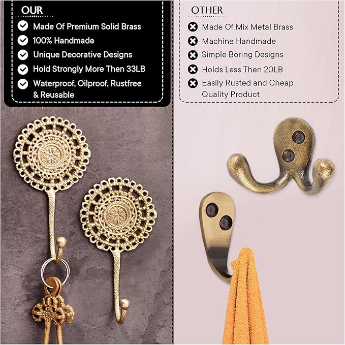 Indian Shelf 3 Wall Hooks- Decorative Hooks for Hanging Coats- Gold Boho Brass Shabby Chic- Key Holder- Coat Rack Mount- Vintage Wall Hook