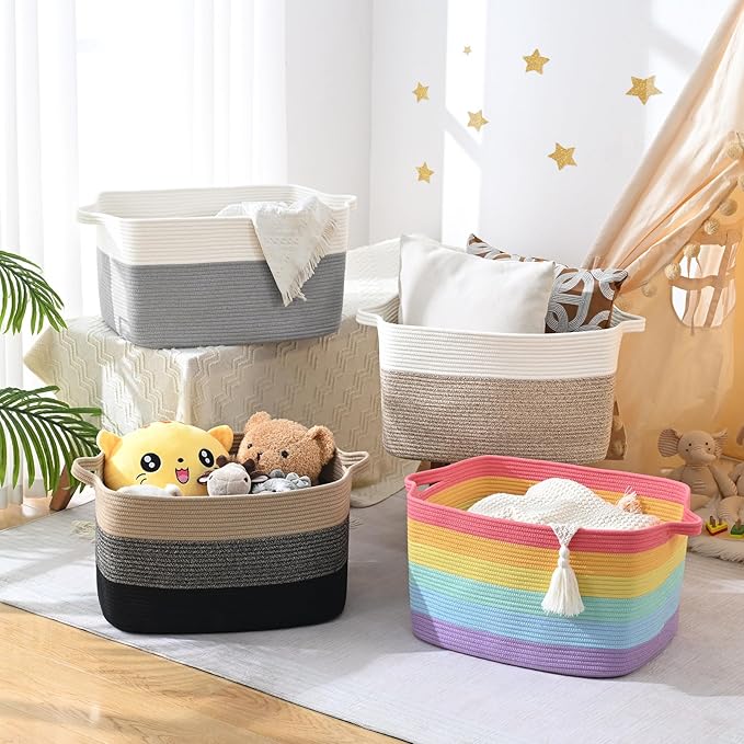 Large Blanket Basket, 60L Storage Baskets for Organizing, Woven Laundry Basket for Blankets, Cotton rope Blanket Storage for Living Room, Nursery Room, 19.7"L x 15.74"W x 11.8"H, Brown & Black