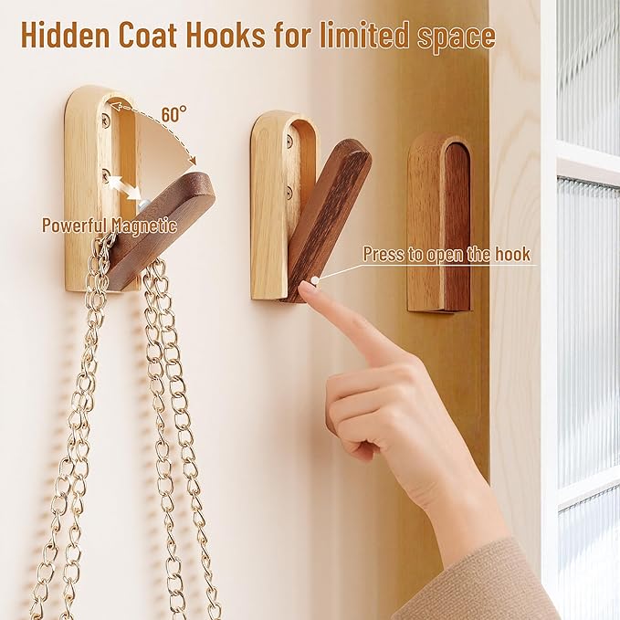 Modern Folding Wall Hooks: Wooden Coat Hooks 3 Pack for Small Space Entryway Behind Doors - Mid Century Decorative Hanger for Hanging Towels Backpacks Bag Hats (Walnut Wood & Rubberwood)
