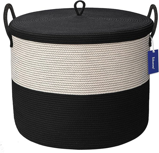 21" x 18"Extra Large storage baskets,Eco-friendly rope baskets with lid,blanket basket living room with lid,hampers for bedroom,big,round, Black 115L
