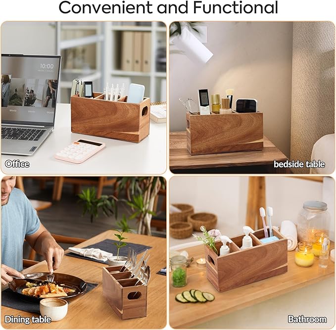 Acacia Wooden Silverware Holder, Kitchen Utensil Caddy with 3 Compartments, Cutlery Storage Organizer Countertop, Flatware Organizer for Party, Spoon, Fork Holder