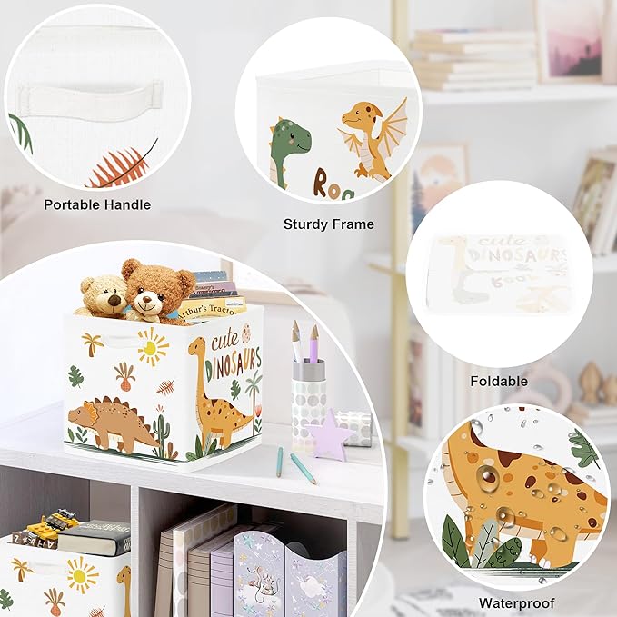 11.8" Boho Dinosaurs Cube Storage Organizer Set 3Pcs Palms Eggs Cube Storage Bin for Bathroom/Bedroom Kid Book Toy Chest, Cacti