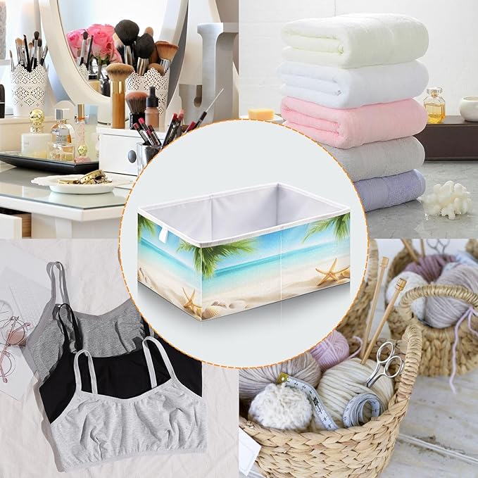 Blueangle Summer Beach Cube Storage Bin, 11 x 11 x 11 in, Large Collapsible Organizer Storage Basket for Home Décor
