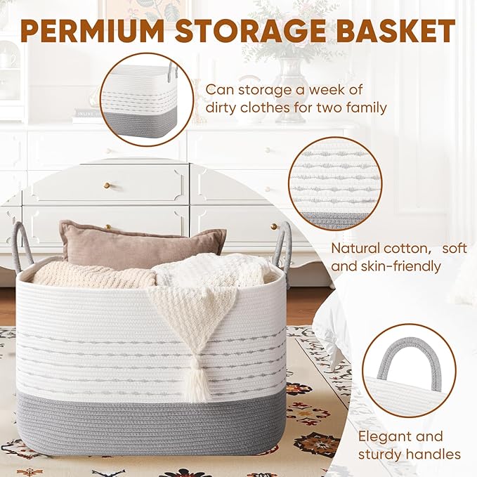 XXL Large Blanket Basket for Living Room, 108L Woven Storage Baskets for Organizing, Rectangle Cotton Rope Basket Toy Chest With Handles-Grey & White