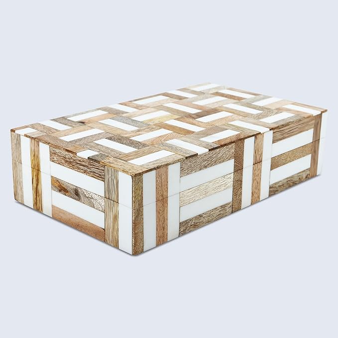 Handicrafts Home White Decorative Box with LidâMarquet Resin Inlay & Wood Decorative Boxes for Home Decor, Decor, Storage Box for Jewellery & Keys White Brown Neutral Decorative Storage Box-10x4.5x2.5