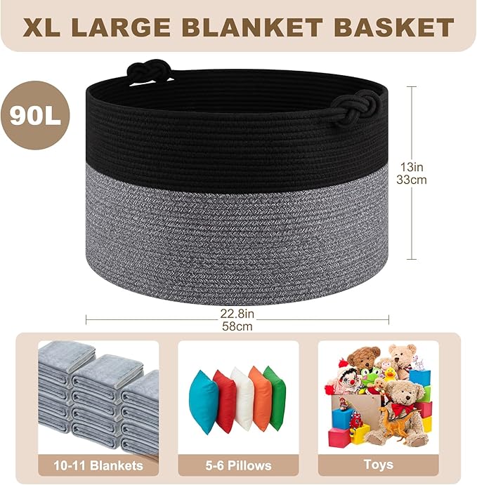 Large Blanket Storage Basket for Living Room, 22.8" x 22.8" x 13" Woven Cotton Rope Basket with Handles, Baby Toy Storage, Laundry Hamper for Clothes, Pillows, Towels-Black and Grey