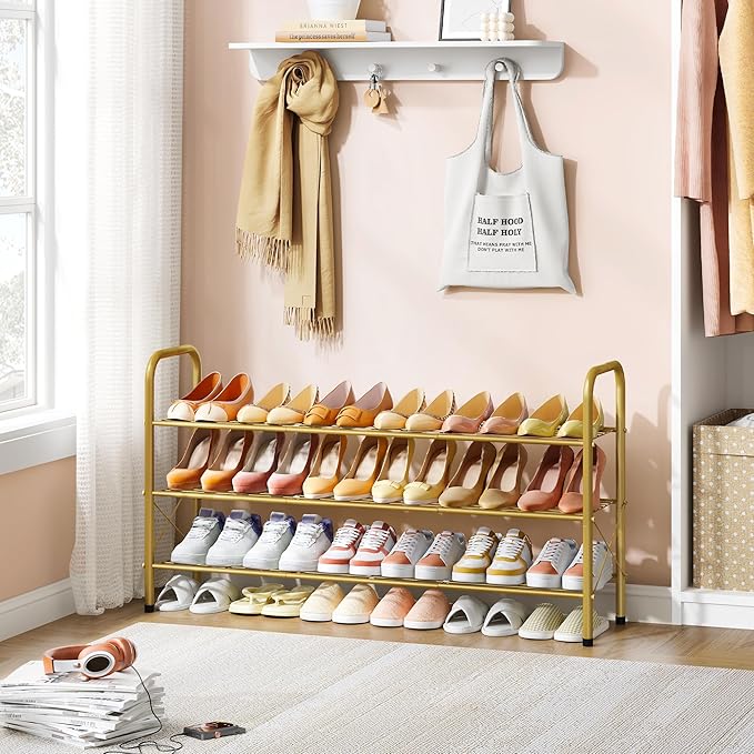 Hoctieon 3 Tier Mesh Style Shoe Rack, Entryway Shoe Shelf, Shoe Storage Organizer, Shoe Rack for Closet, Space Save for Bathroom, Garage, Hallway, Bedroom, Living Room, Gold