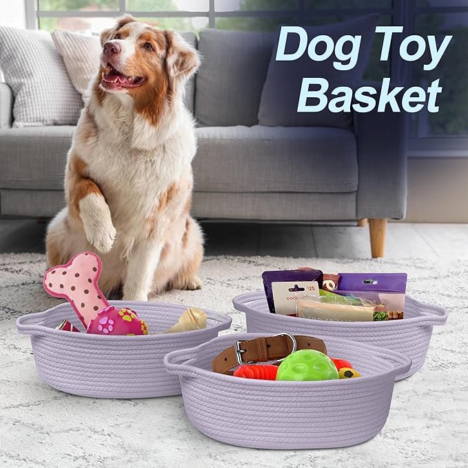 Purple Small Woven Basket, 13â x 9â x 5â Baskets for Gifts Empty, Cotton Rope Gift Basket, Cute Nursery Baby Organizer, Cat Dog Toy Box, Oval Wicker Storage Bin with Handle
