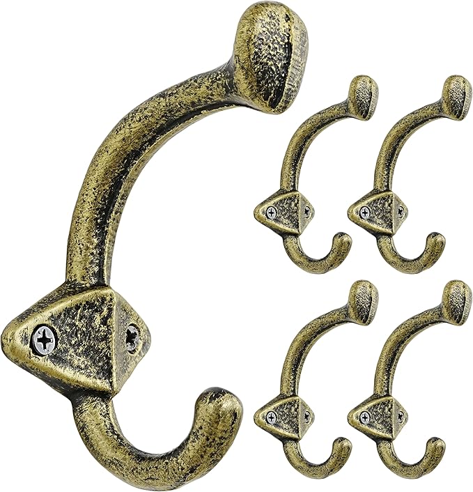Dseap Cast Iron Wall Hooks L=5”, Heavy Duty Coat Hooks, Rustic Vintage Farmhouse Hook for Hanging Winter Coats Jackets Towels Hats Bags Plants, Antique Black& Gold, Pack of 5 (ShieldBold)