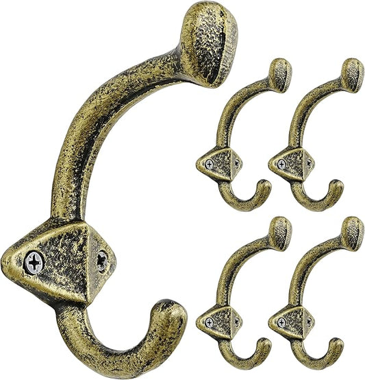 Dseap Cast Iron Wall Hooks L=5”, Heavy Duty Coat Hooks, Rustic Vintage Farmhouse Hook for Hanging Winter Coats Jackets Towels Hats Bags Plants, Antique Black& Gold, Pack of 5 (ShieldBold)