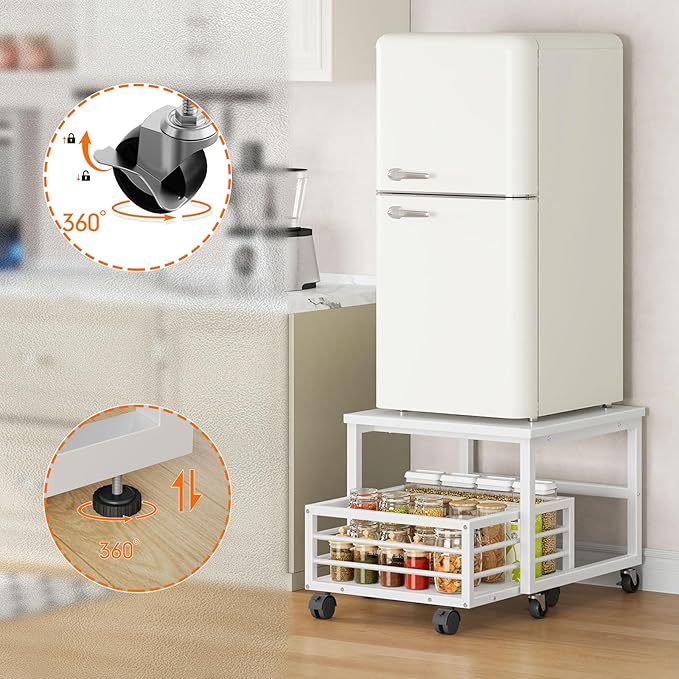 HOOBRO Mini Fridge Stand with Movable Storage Basket, Mini Fridge Cabinet with Wheels and Adjustable Feet, Sturdy Metal Frame, for Kitchen, Living Room, Office, White WW155TL01