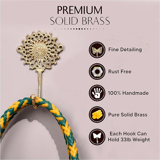 Indian Shelf 3 Sets Brass Sunflower Heavy Duty Decorative Vintage Key Holder, Key Wall Hooks for Hanging Coats, Jackets, Leash, Hat, Towel, Backpack, Purse, Handbag [Golden]