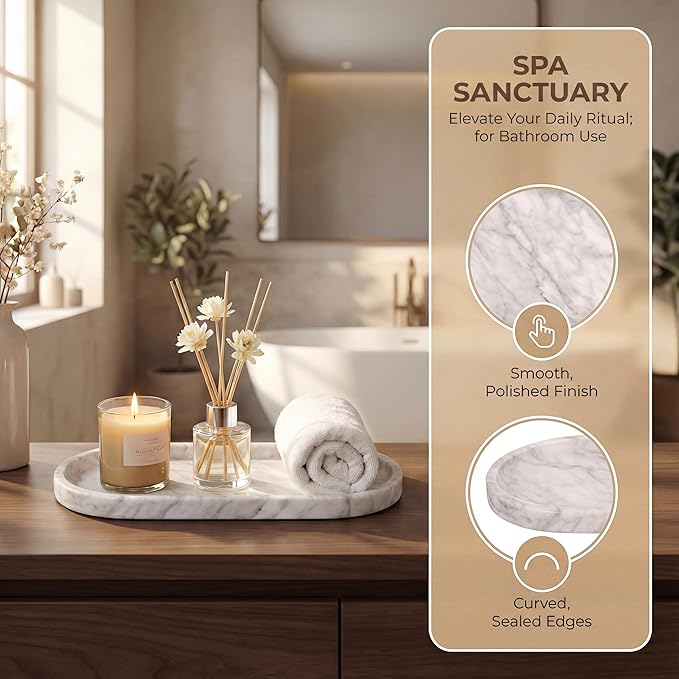 YKAJO 11.6" x 5.9" Oval Real Marble Tray for Bathroom & Kitchen Counter â 100% Natural Stone Decorative Vanity Tray for Dresser & Perfume â Heavy Catchall Organizer for Soap & Jewelry, White Gray