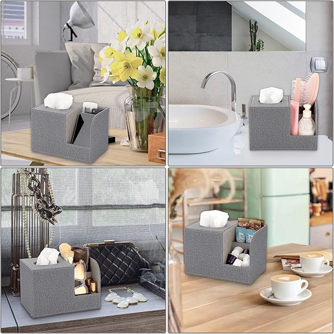 Sumnacon Square Linen Tissue Box Cover - Decorative Cube Tissue Box Holder with Side Organizer, Modern Tissue Box for Living Room Vanity Night Stand Table Countertop Office, Grey