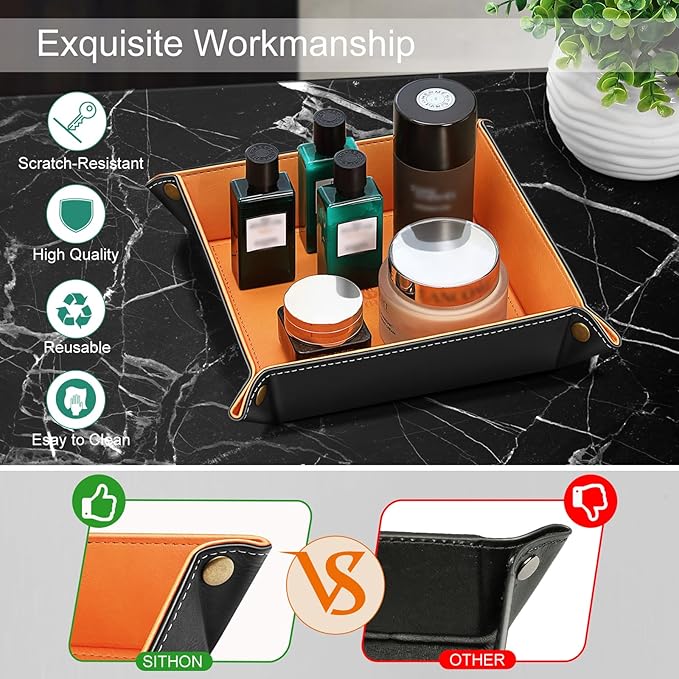 SITHON Valet Tray Desktop Storage Organizer â Premium PU Leather Catchall Bedside Vanity Tray Nightstand Caddy Holder for Remote Controller, Keys, Phone, Wallet, Coin, Jewelry (Orange)