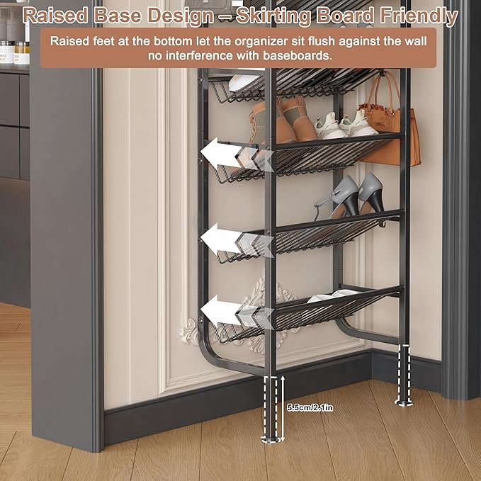 UMDONX 9 Layer Shoe Rack for 18 Pairs Shoes, Freestanding Shoe Organizer with 12 Hooks & 8 Adhesive Pads, Space-Saving Vertical Storage for Entryway and Walk-in Closet