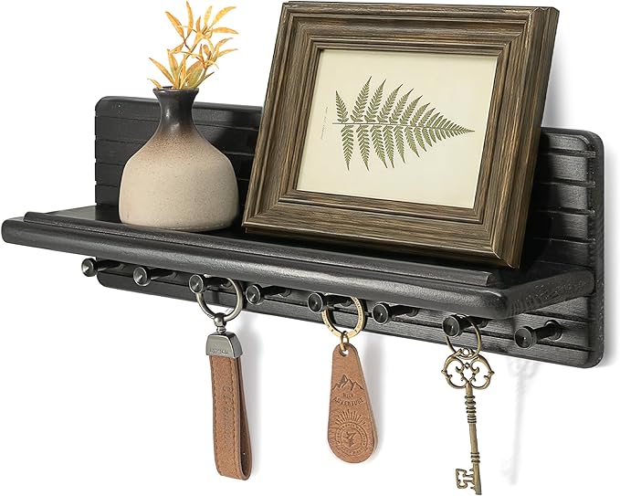 Rebee Vision Farmhouse Key Holder Wall Mount for Room Decor – Modern Key Rack for Wall with 8 Sturdy Hooks & Floating Shelf - House Organization Solution for Aesthetic Spaces(Black)