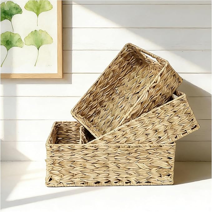 Square Basket Set of 3, Woven Basket,Decorative Woven Tray for Home Decor, Bathroom, Kitchen Counter