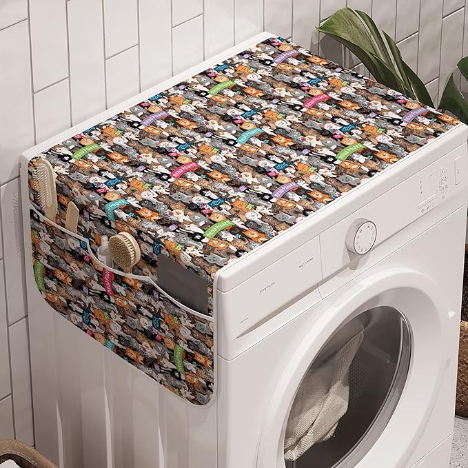 Ambesonne Animals Washing Machine Organizer, Cats and Dogs Friends Together Community Happy Faces Seamless Illustration, Anti-slip Fabric Cover for Washers and Dryers, 47" x 18.5", Multicolor