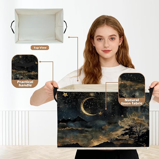 Mystical Crescent Moon Star Celestial Storage Box Bins, Moody Starry Night Sky Collapsible Storage Basket Organizer for Bedroom Laundry Room Home Clothes Toys Books, Toybox for Kids