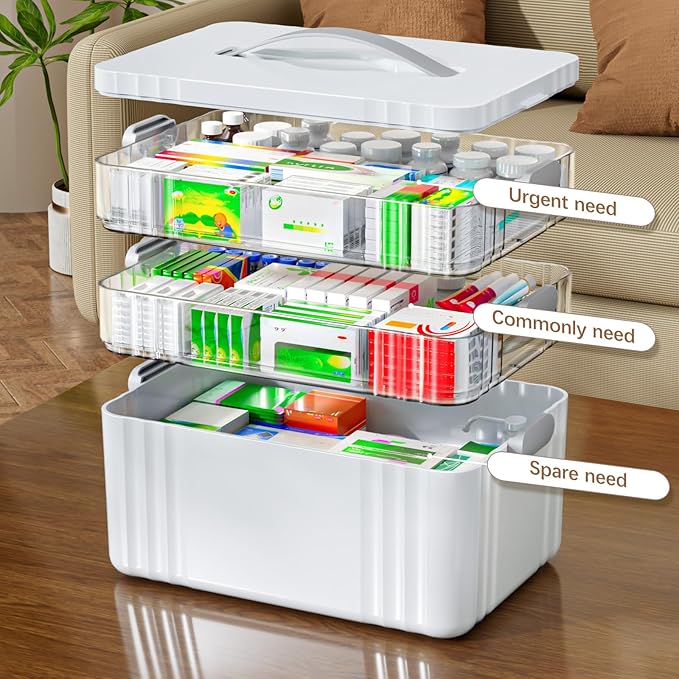 3-Tier Medicine Organizer - Portable Medicine Cabinet with Plastic Handle, Multipurpose Medical Box, Pill Organizer, Empty First Aid Kit for Home