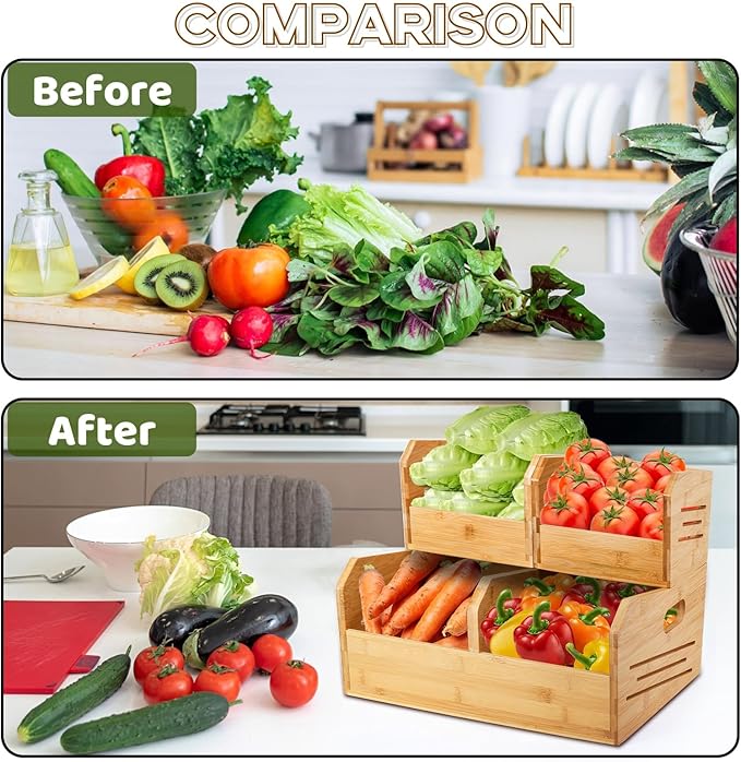 2 Tier Bamboo Stackable Storage Bins, 4 Compartment Potato and Onion Storage Baskets, Pantry Organizer Holder with Handle, Open Front Kitchen Fruit Containers for Fruit Bread Vegetable Garlic