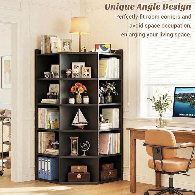 Aheaplus Corner Cabinet, 6-Tier Corner Bookshelf with Power Outlets, Corner Cube Storage Shelf with Top Table, Wooden L Cubby Toy Storage with 15 Cubes for Home Office, Bedroom, Living Room, Black