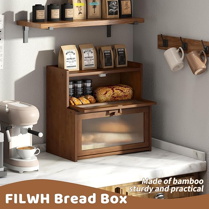 FILWH Bread Box for Kitchen Countertop Double Layer Large Corner Bread Box Capacity Bread Storage Bin Farmhouse Breadbox Container Organizer Cabinet Cupboard (Brown)