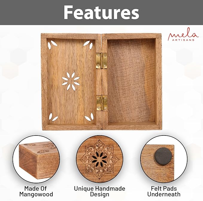 Mela Artisans Wooden Keepsake Box | Burnt Mango Wood Memory | Photo Storage Box with Hinged Lid | Decorative Storage Box | Mediumc | 7.5x4.5x3 Inch