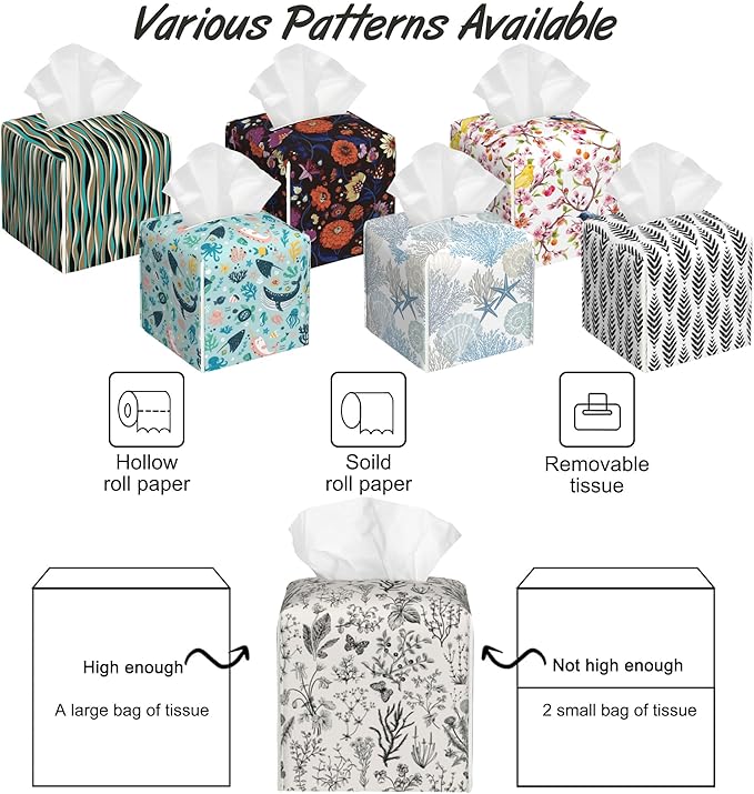 Vintage Wild Flowers Tissue Box Cover Square,Herbs Tissue Box Holder with Belt Bottom,Stylish Leather Napkin Holder for Vanity Countertop,Nightstands,Office Desk,5.2"Ã5.2"Ã5.2"